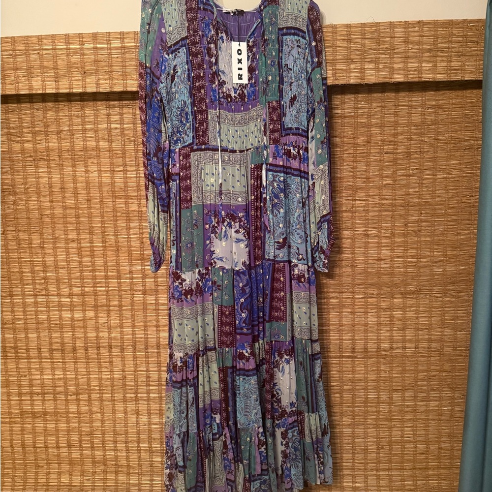 RIXO London Lori scarf Long Sleeve Dress in Blue and Purple Patchwork